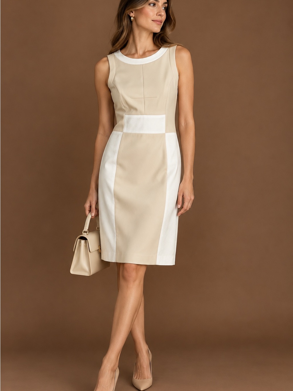 DKNYC Beige and White Colorblock Midi Sheath Dress
